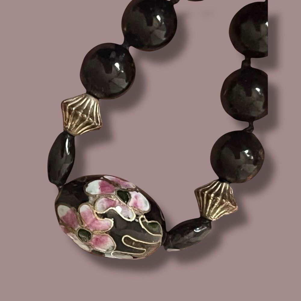 Vtg Onyx Beads Sterling Silver Cloisonné Hand Knotted Necklace Cherry Blossoms